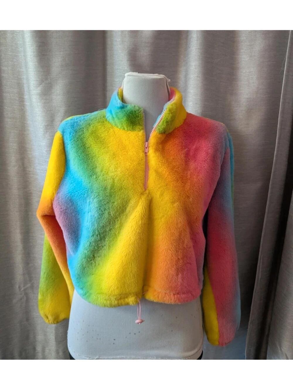 SOLD Rainbow Faux Fur Cropped Sweatshirt L